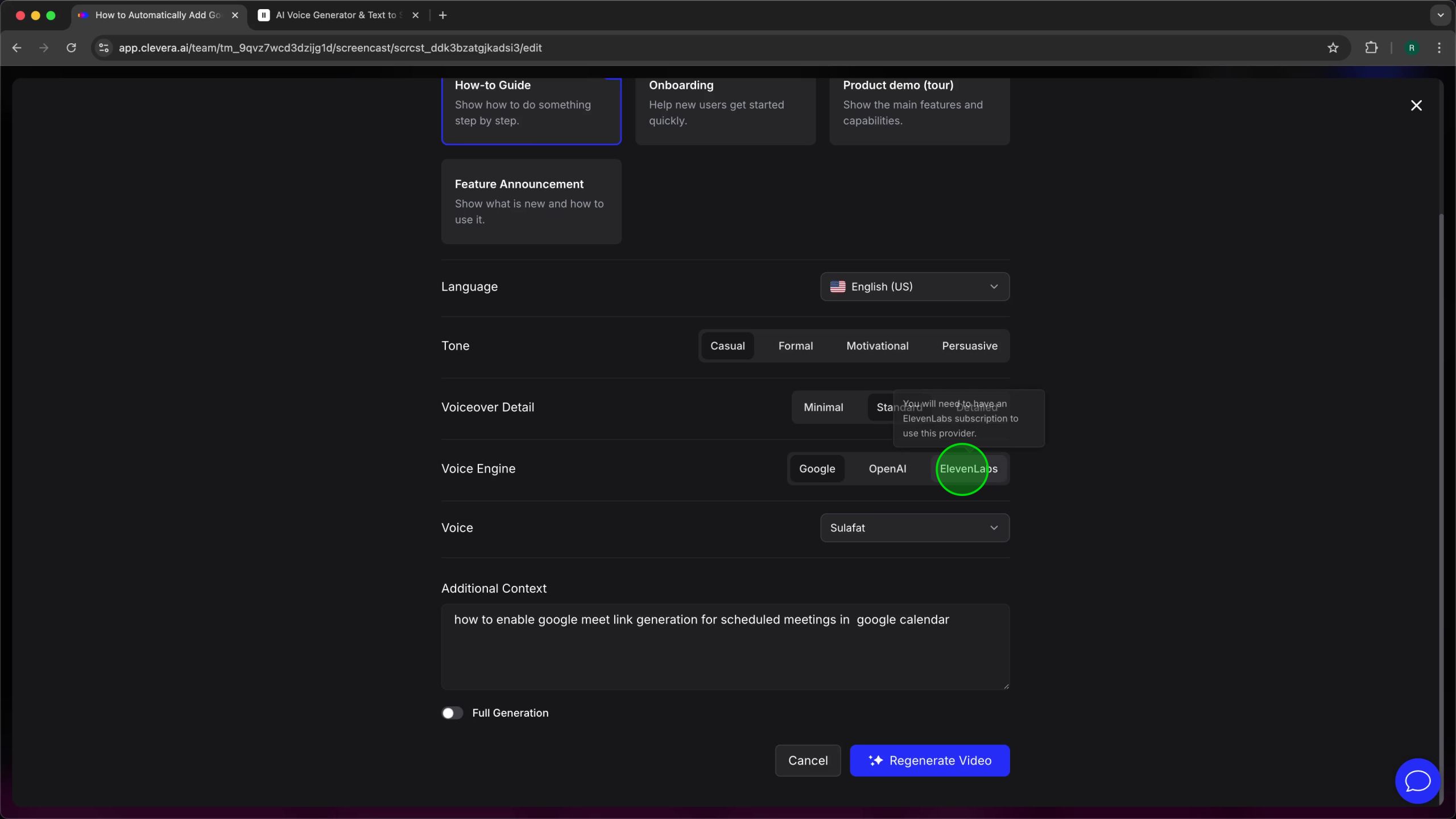 Regenerate Video modal with 'ElevenLabs' selected as the Voice Engine